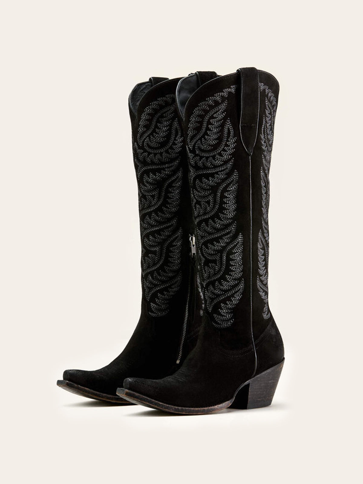 Embroidery Half-Zip Tall Knee High Faux Suede Snip-Toe Cowgirl Boots - Black