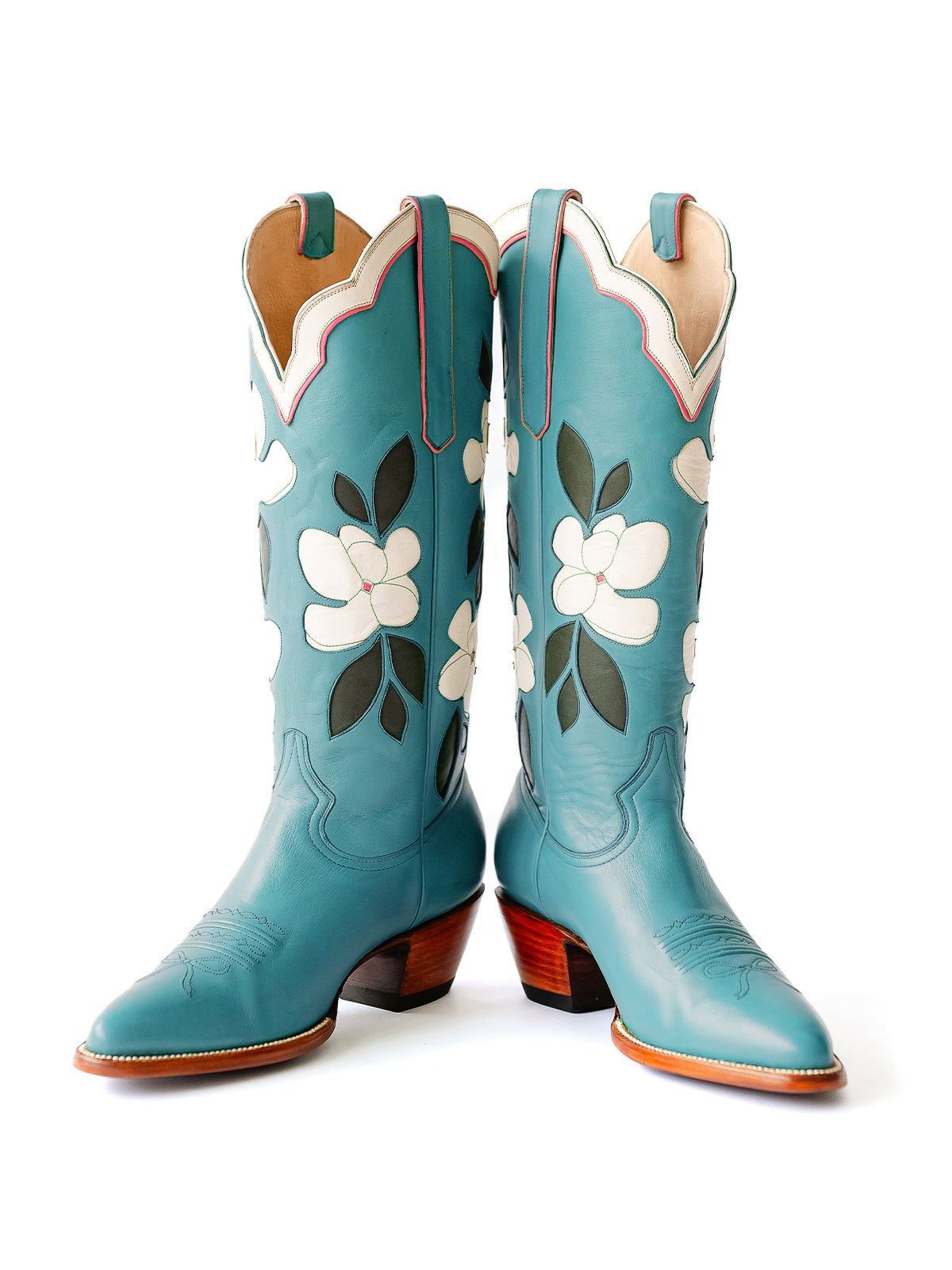 Ink Blue Almond-Toe White Flower Inlay Wide Calf Knee High Cowgirl Boots