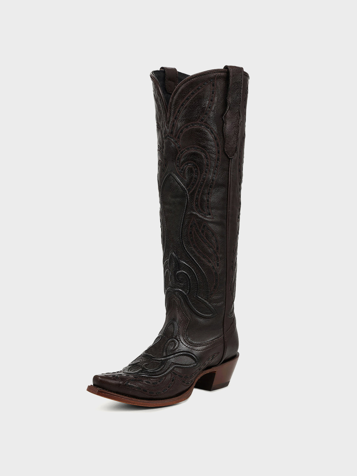 Chocolate Snip-Toe Embroidery And Running Stitch Half-Zip Chic Knee High Cowgirl Boots