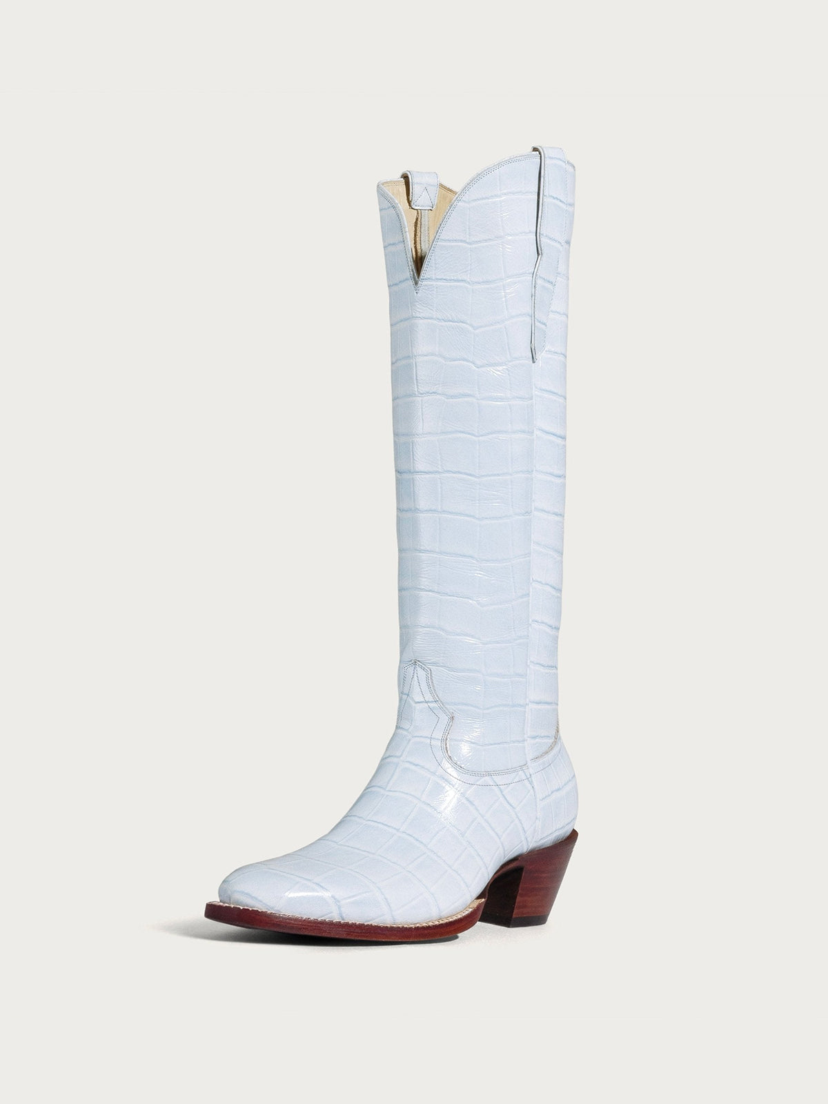 Blue Crocodile-Embossed Almond-Toe Wide Calf Tall Knee High Cowgirl Boots