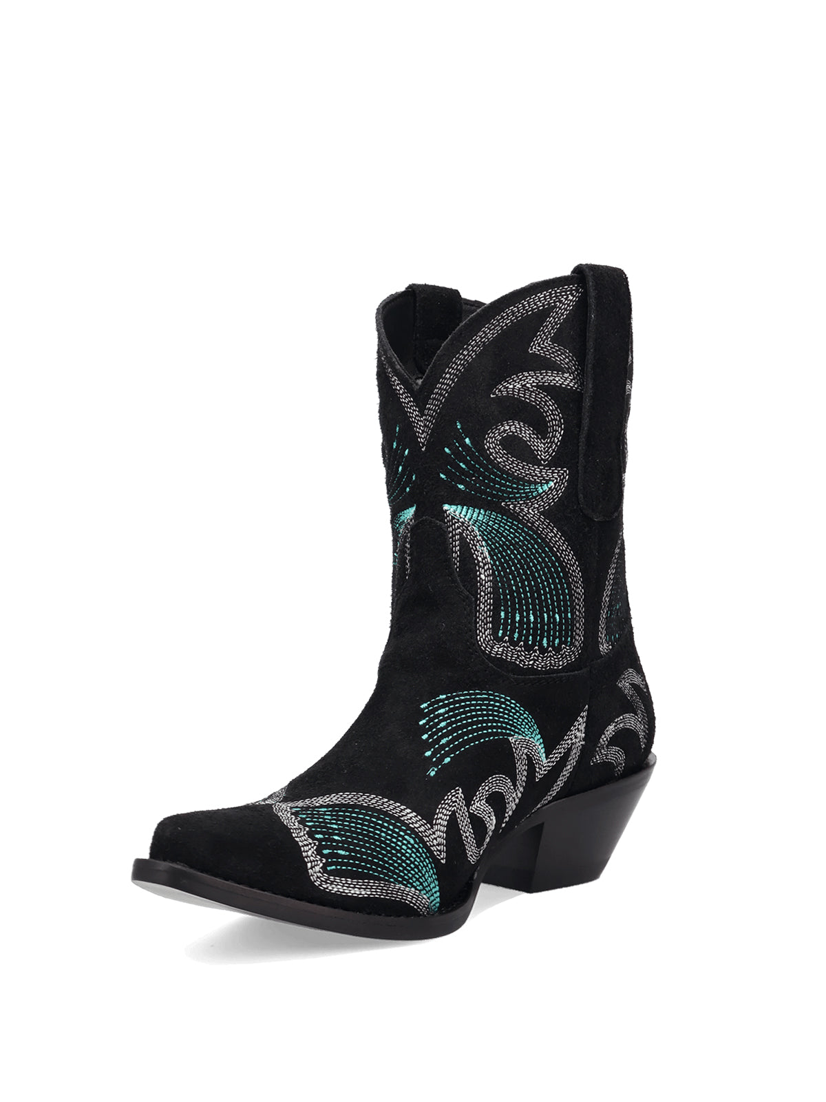 Black Faux Suede Snip-Toe Delicate Embroidery Ankle Cowgirl Boots