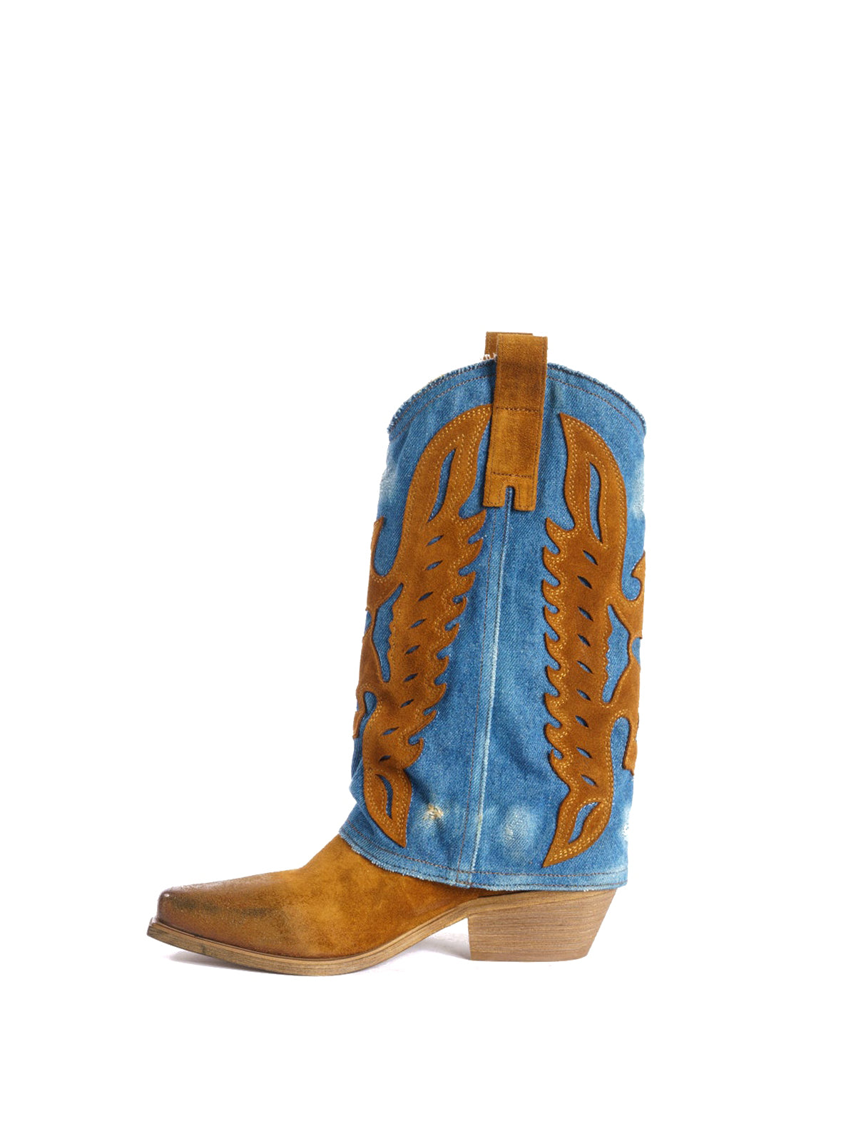Brown Snip-Toe Eagle Applique Blue Denim Fold-Over Mid Calf Cowgirl Boots