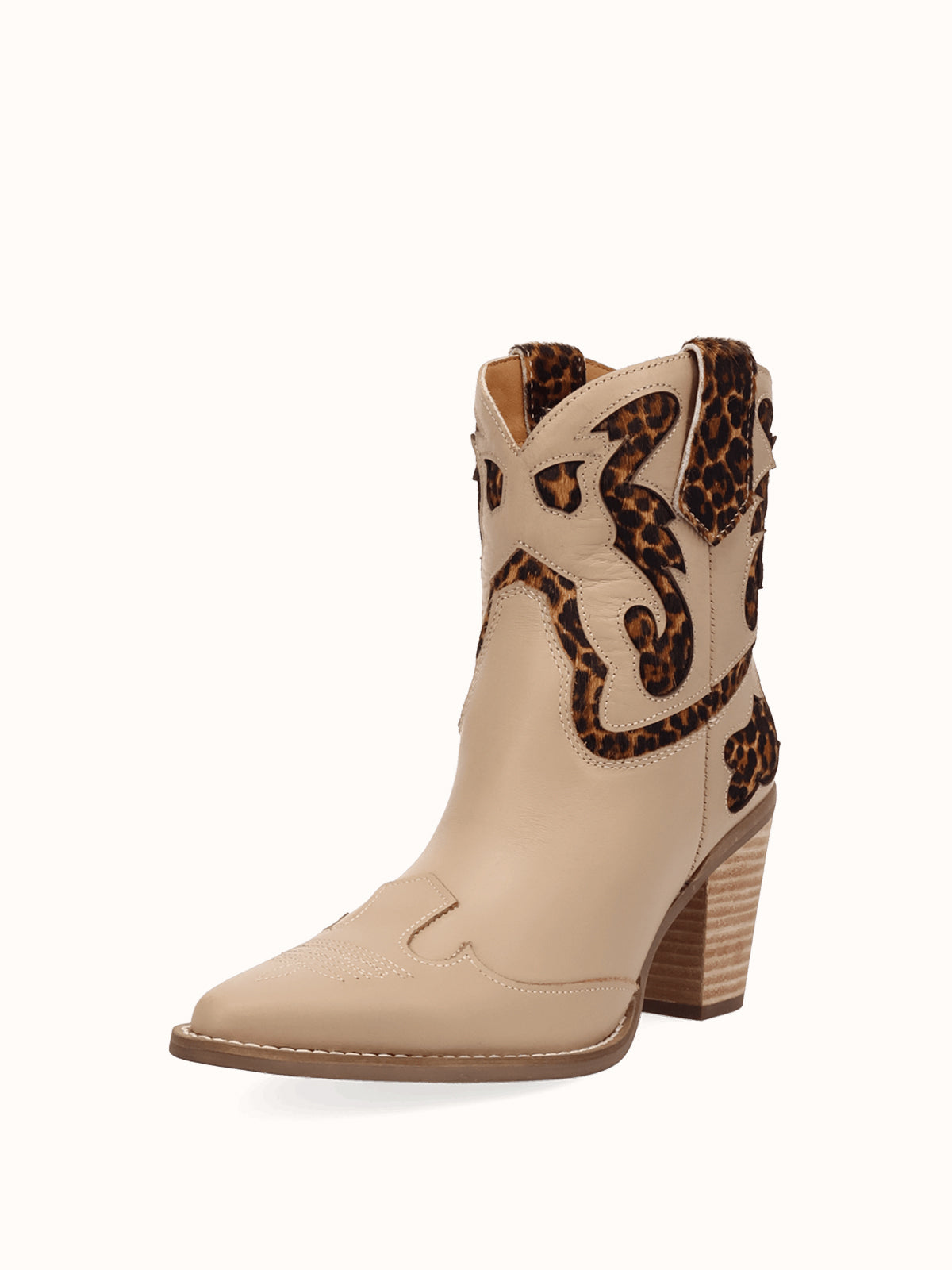 Beige And Leopard Pattern Snip-Toe Sleek Ankle Cowgirl Boots