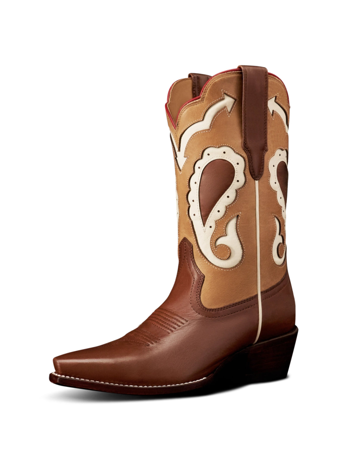 Contrast Brown And Tan Snip-Toe Chic Inlay Mid Calf Cowgirl Boots