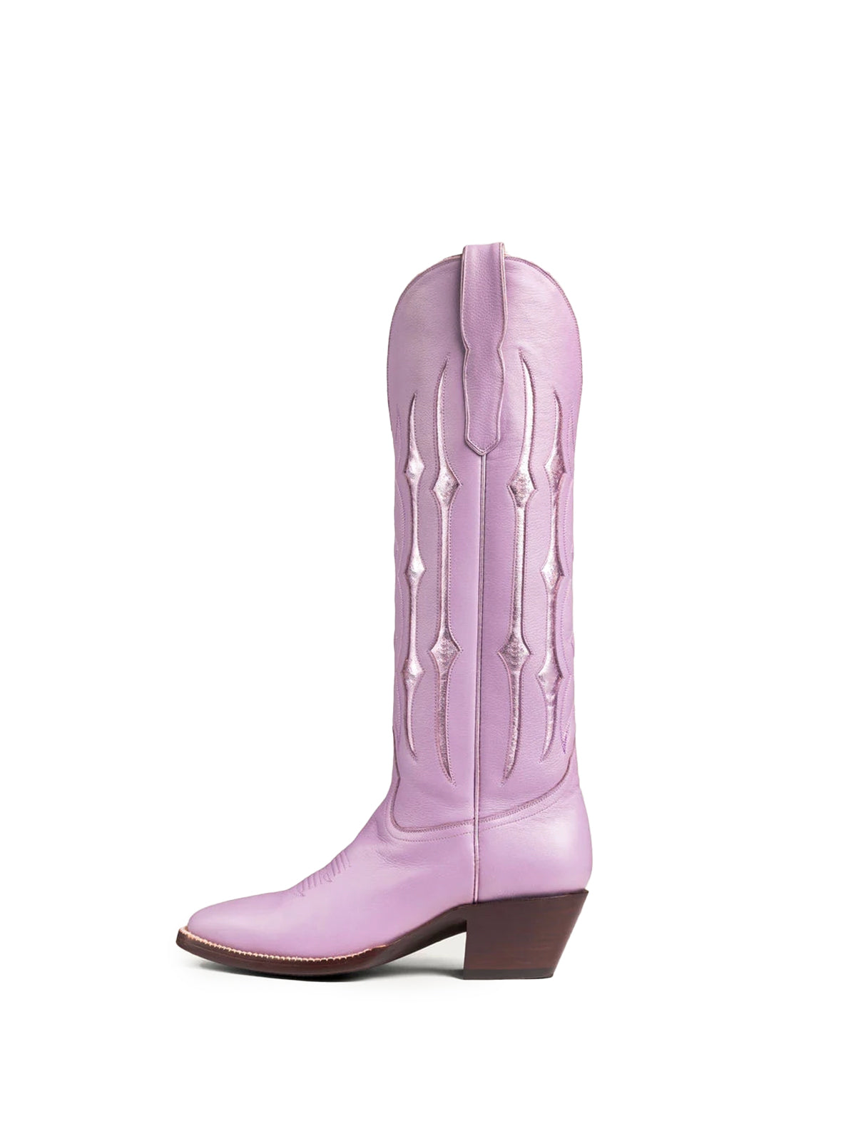 Lavender Contrast Metallic Silver Inlay Stitch Almond-Toe Wide Knee High Western Cowgirl Boots