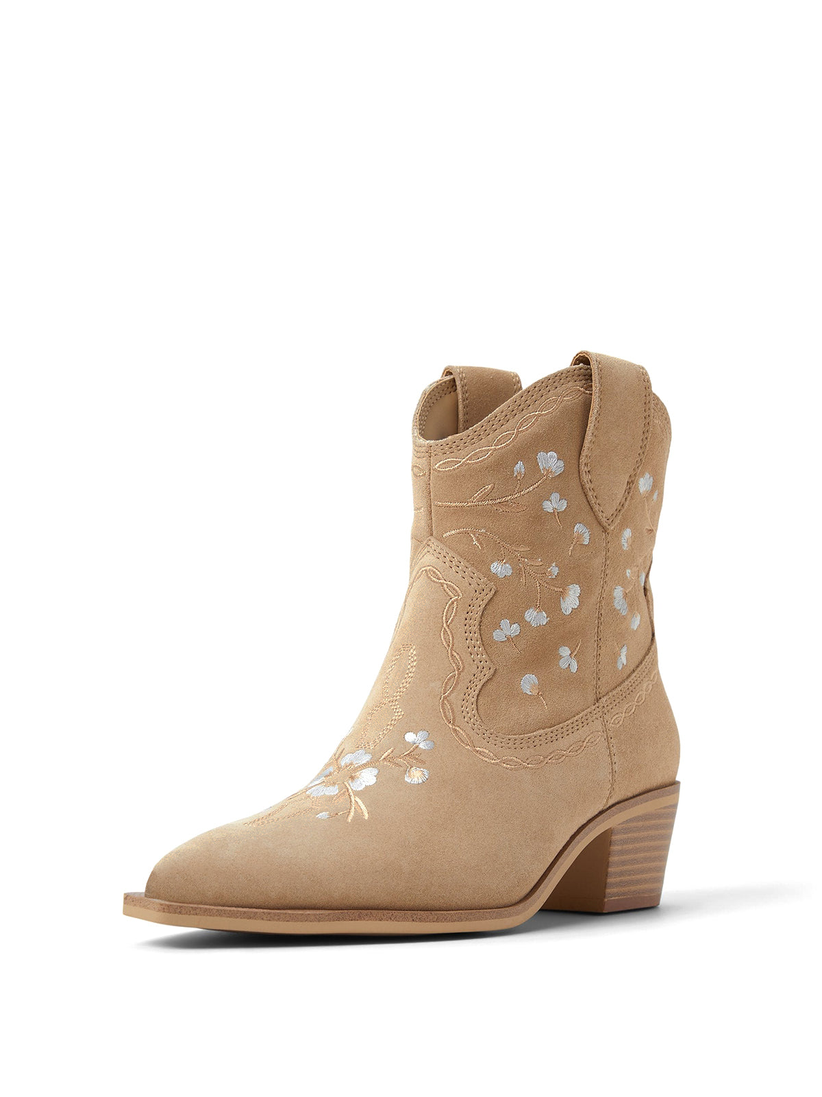 Beige Faux Suede Almond-Toe Floral Embroidery Ankle Cowgirl Boots