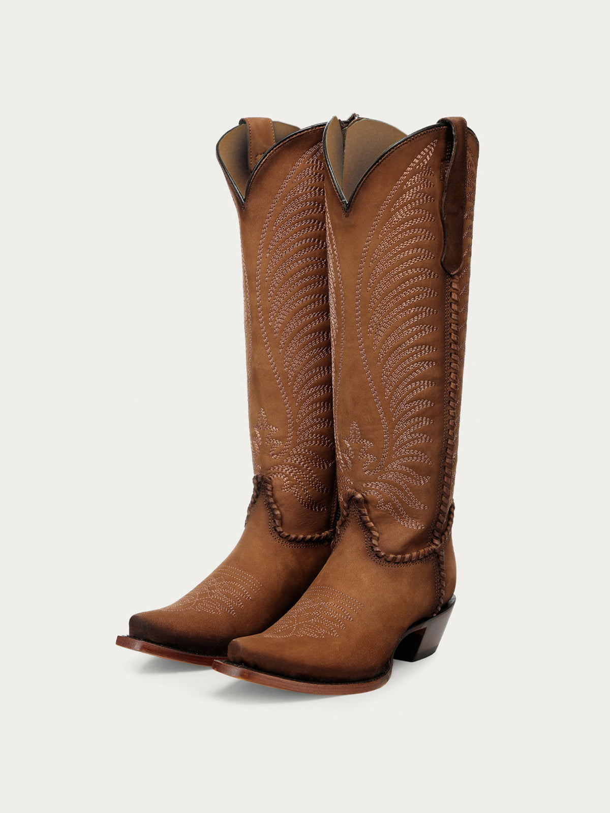 Dark Honey Snip-Toe Embroidery Side Woven Detail Full-Zip Knee High Cowgirl Boots