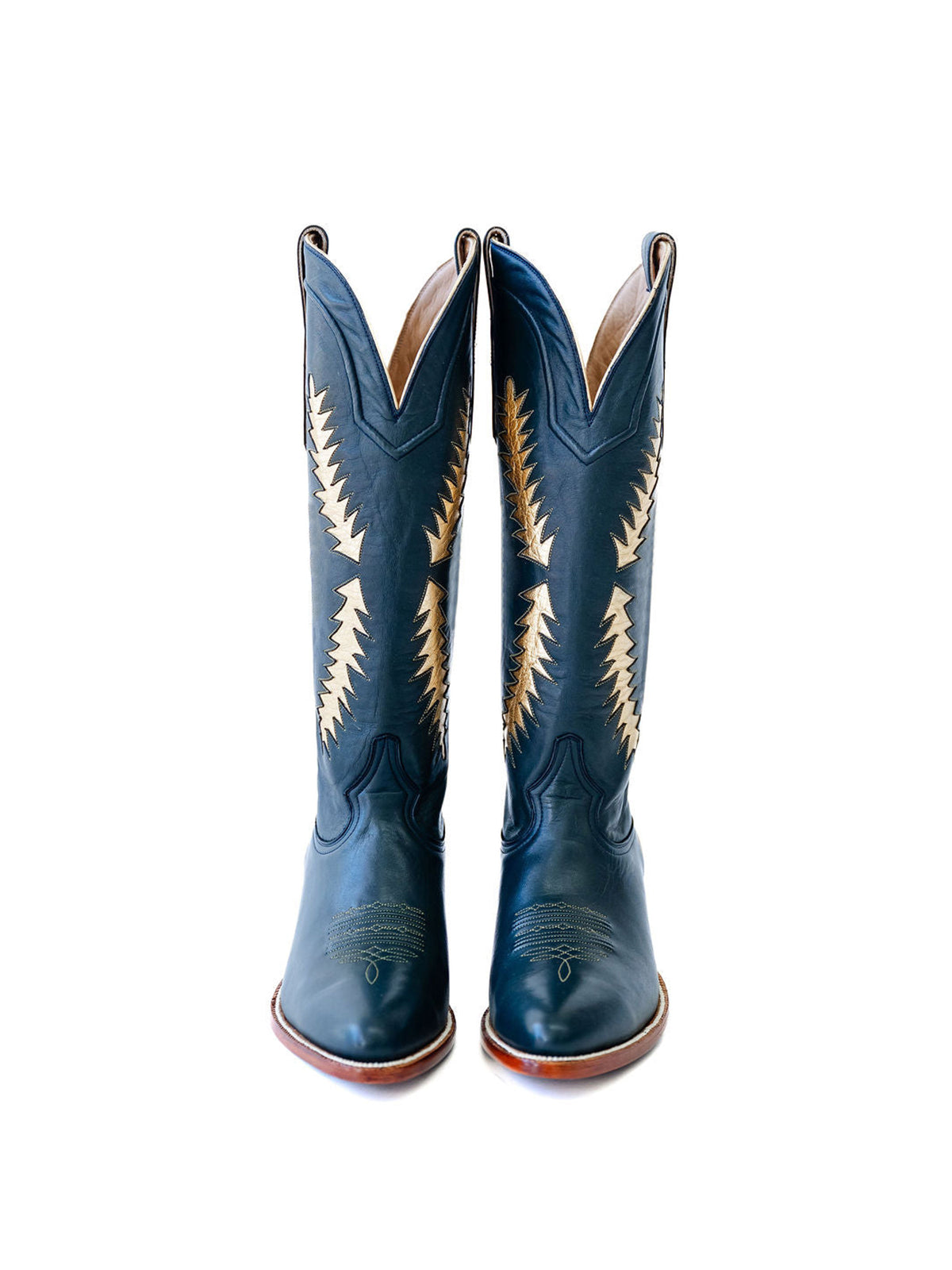 Blue Almond-Toe Wide Calf Cowgirl Boots Knee High Tall Boots