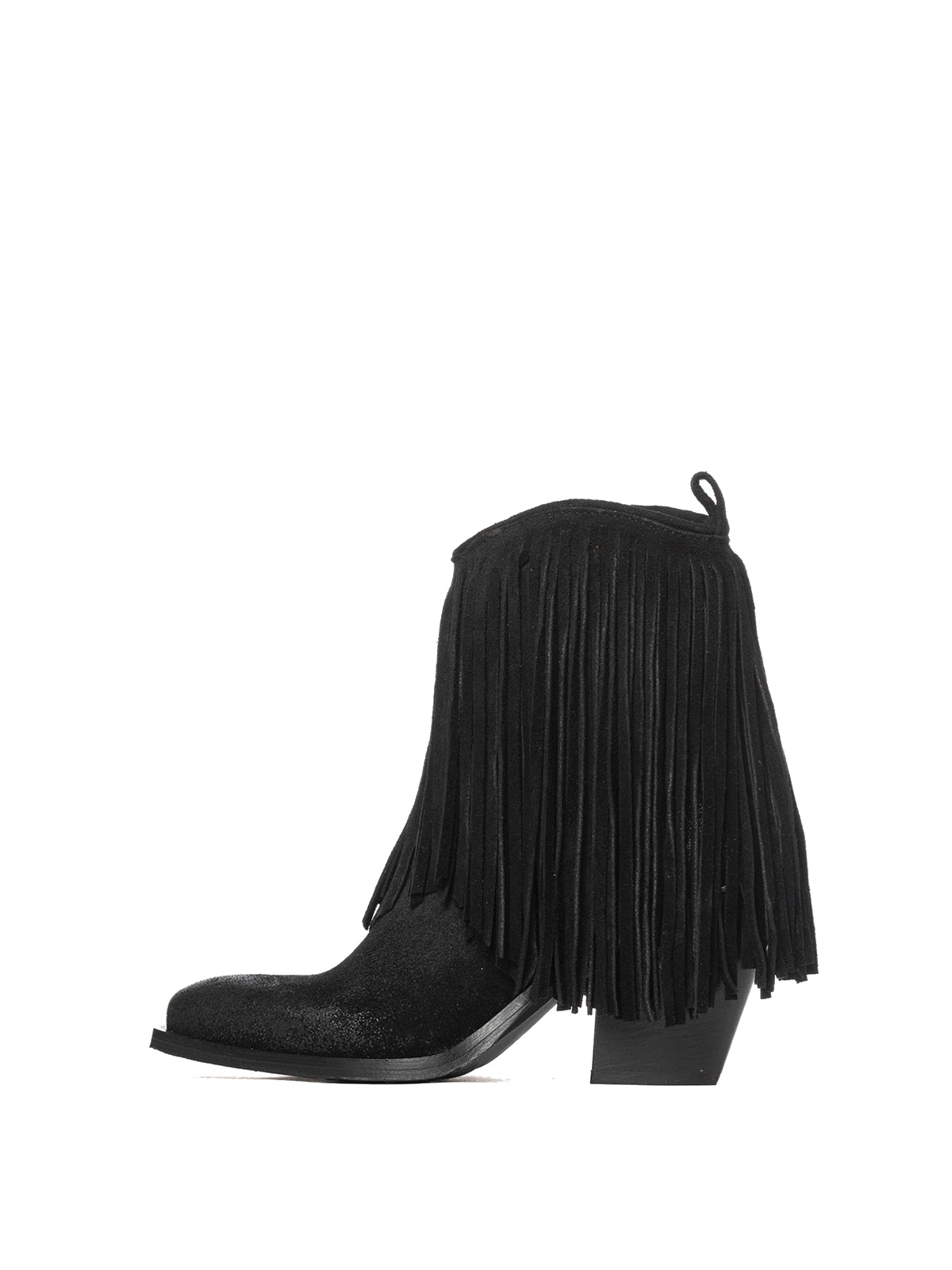Black Faux Suede Snip-Toe Fringe Full-Zip Ankle Cowgirl Boots