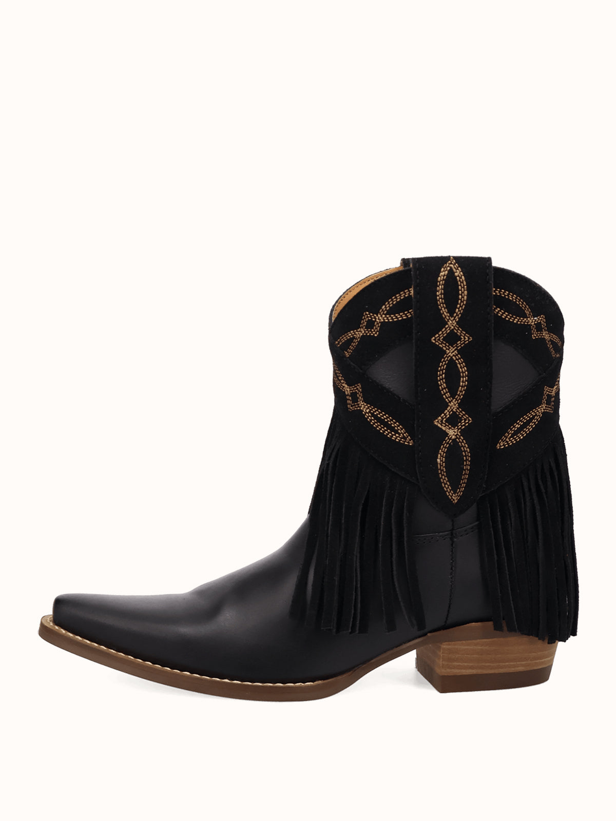 Black Snip-Toe Faux Suede Fringe Chic Ankle Cowgirl Boots