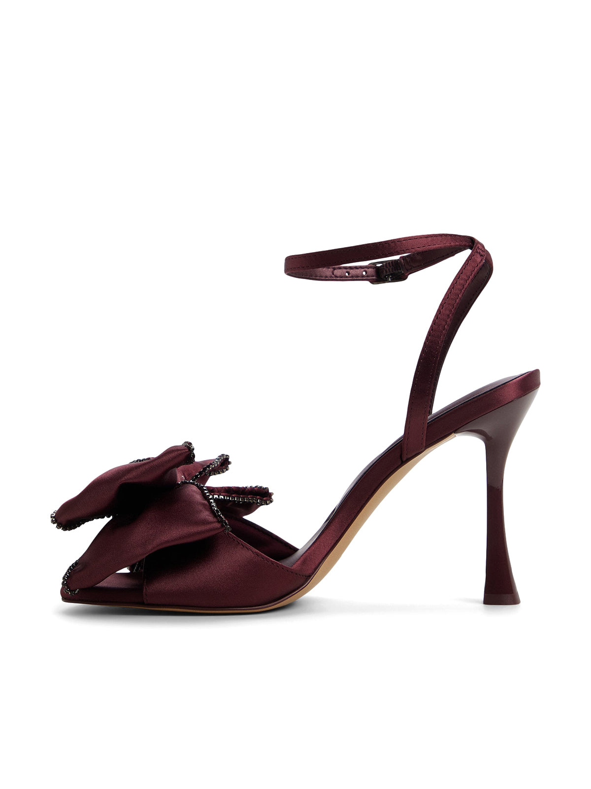 Burgundy Satin Square-Toe Front Bow Slingback Ankle Strap High Heels