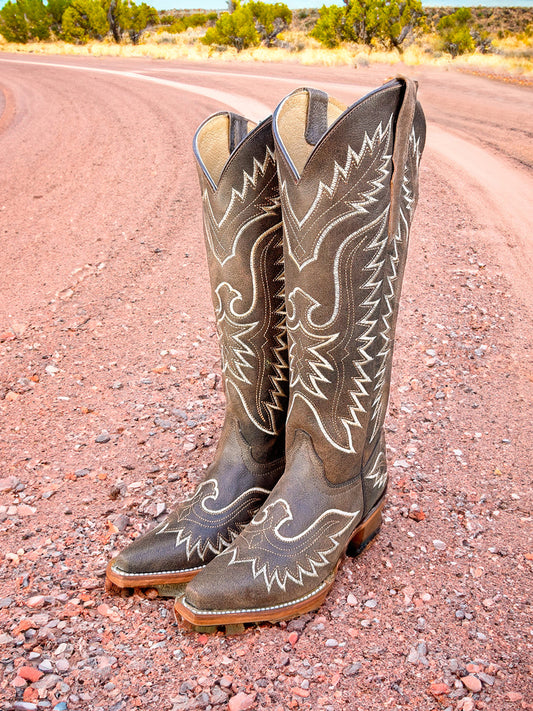 White Eagle Embroidery Snip-Toe Wide Calf Knee High Tall Cowgirl Boots - Brown