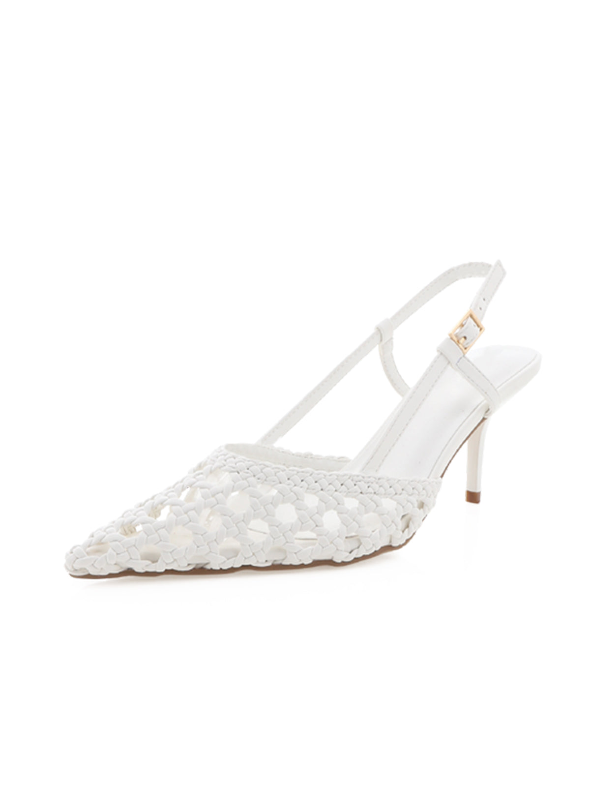 White Vegan Leather Woven Pointed-Toe Slingback Kitten Heels