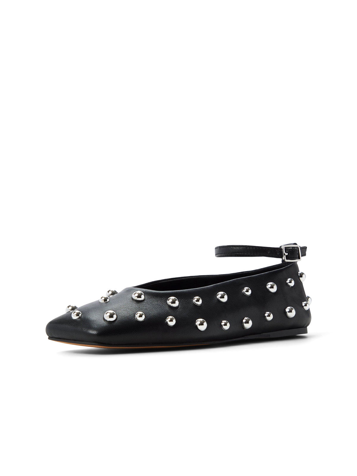 Black Square-Toe Full Studs Ankle Strap Ballet Flats