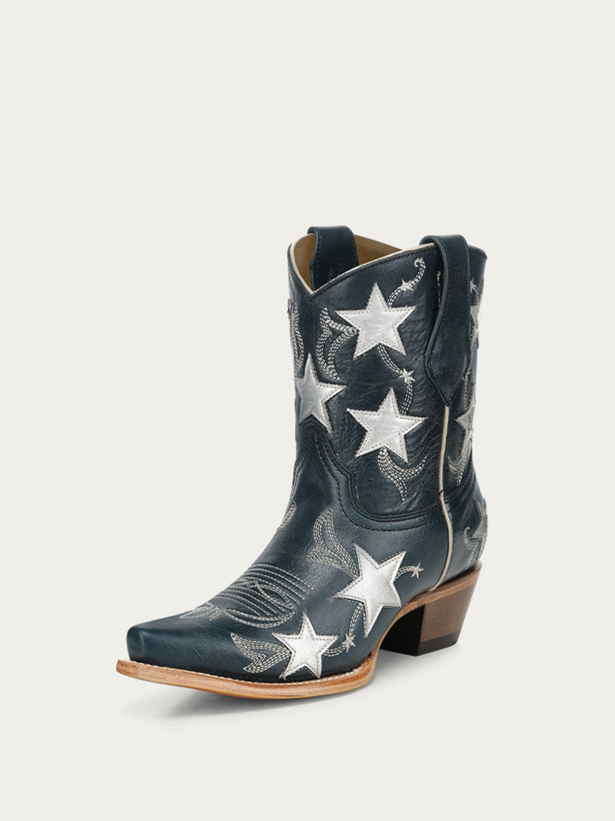 Navy Snip-Toe Star Inlay With Embroidery Ankle Cowgirl Boots