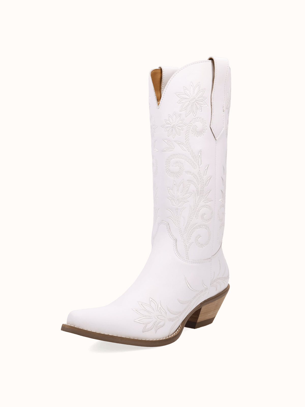 White Snip-Toe White Flowers Embroidery Chic Mid Calf Cowgirl Boots