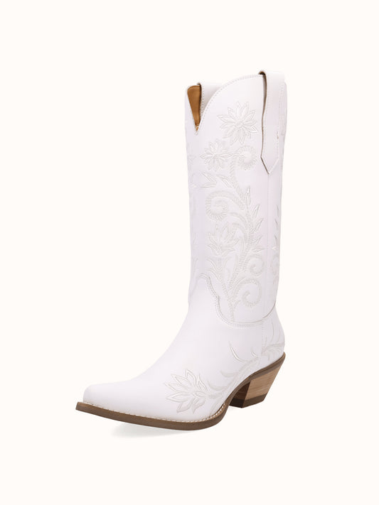 White Snip-Toe White Flowers Embroidery Chic Mid Calf Cowgirl Boots