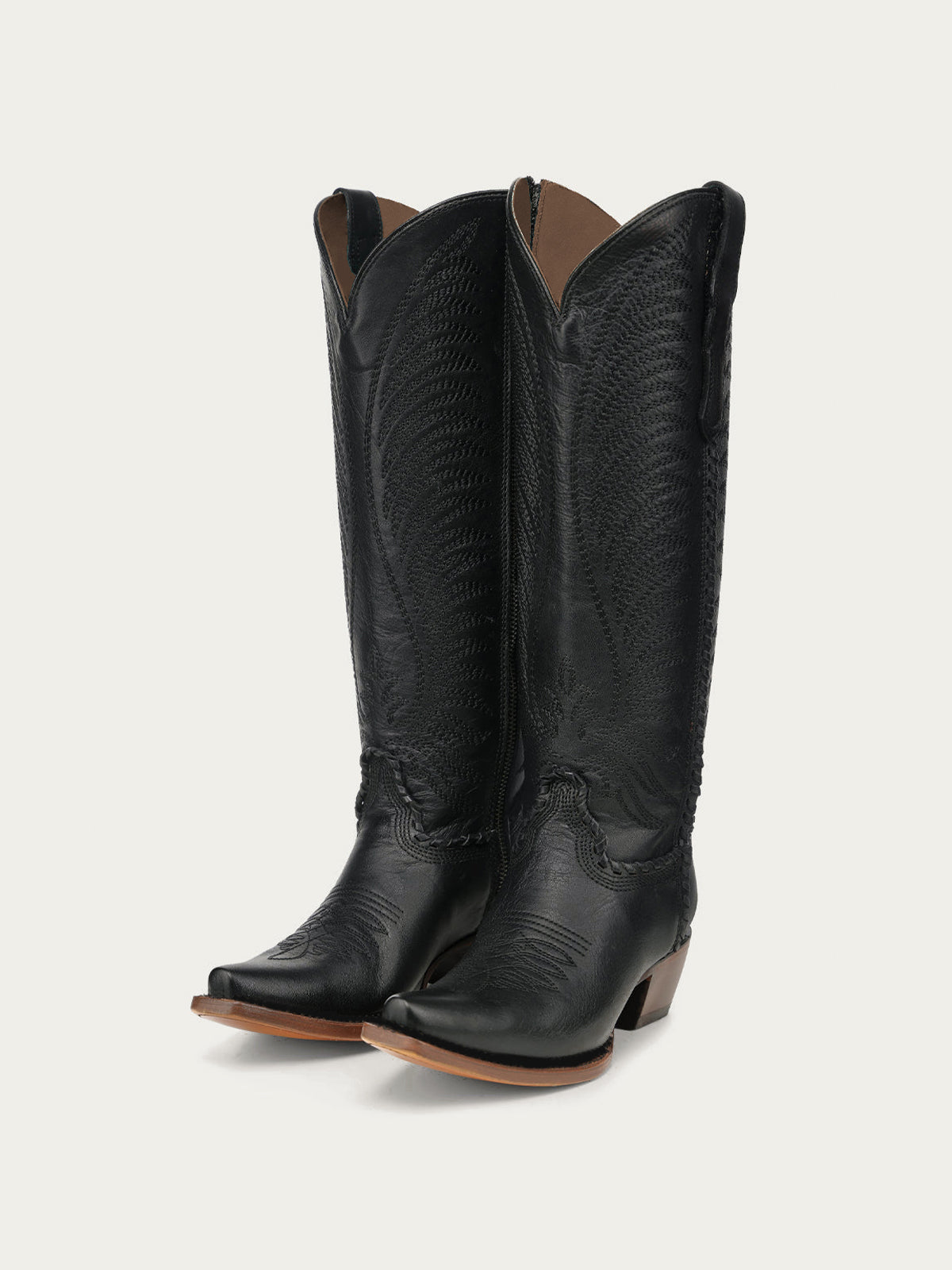Chic Wings Embroidery Snip-Toe Full-Zip Knee High Cowgirl Boots - Black
