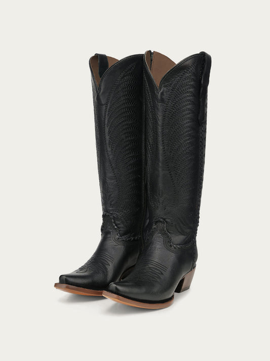 Chic Wings Embroidery Snip-Toe Full-Zip Knee High Cowgirl Boots - Black
