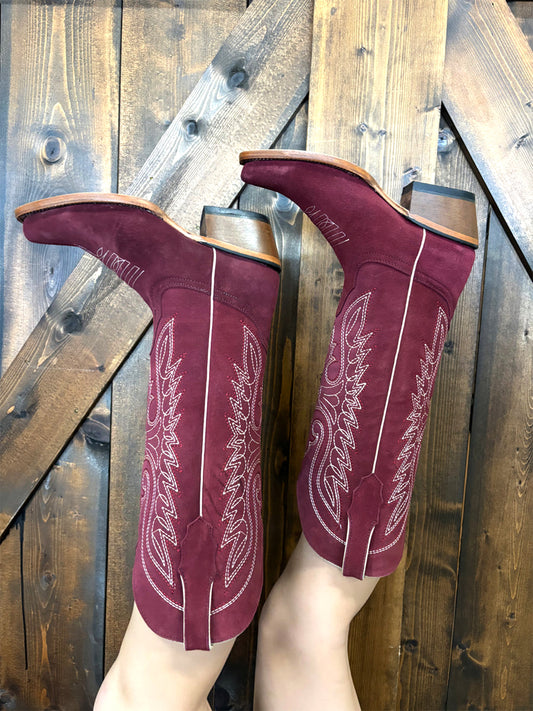 Burgundy Faux Suede Square-Toe Classic Embroidery Wide Calf Knee High Cowgirl Boots