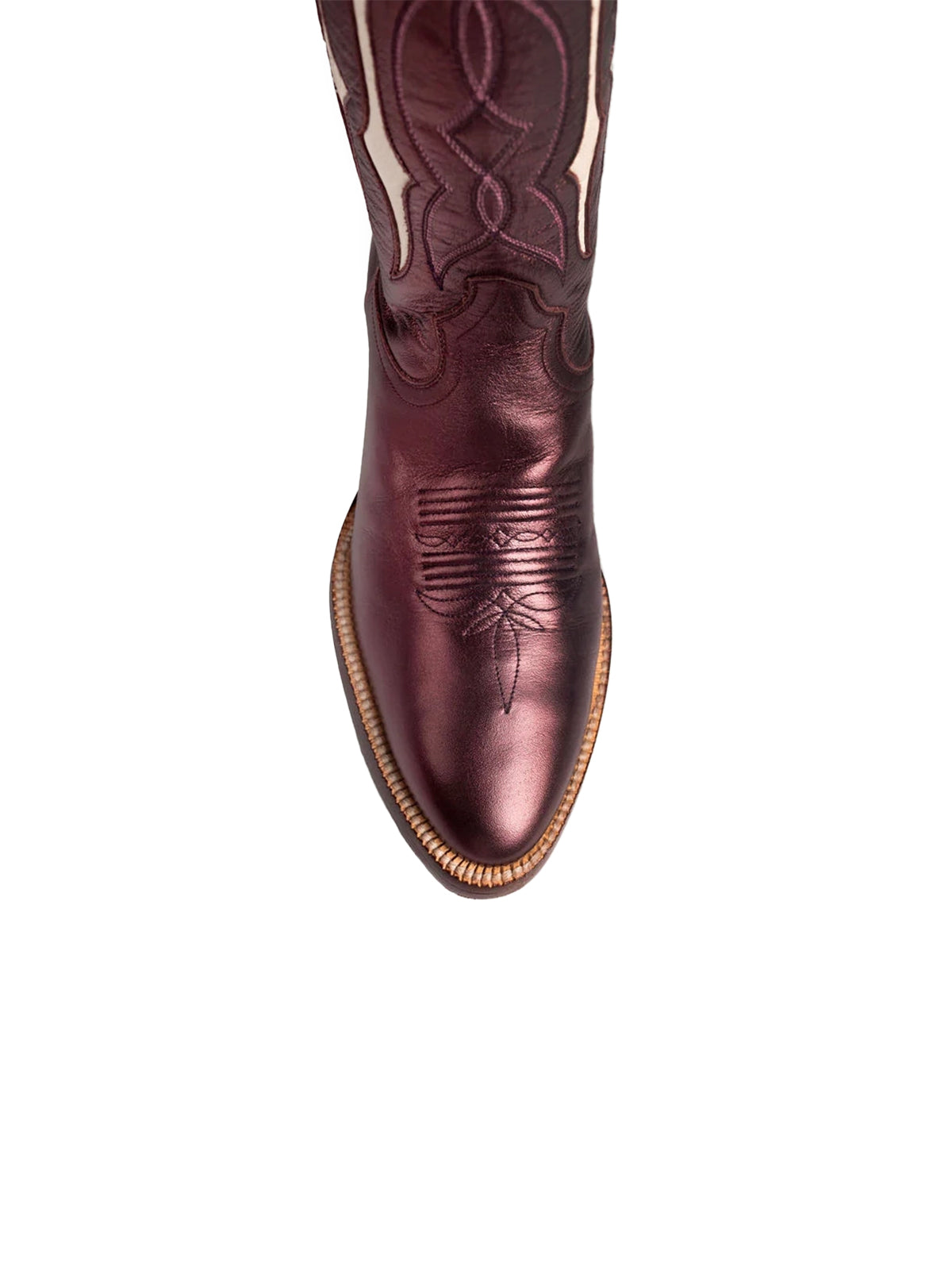 Metallic Wine Red Contrast Bone Inlay Stitch Almond-Toe Wide Knee High Western Cowgirl Boots