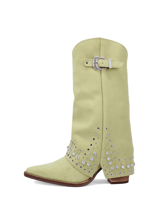 Lime Faux Suede Snip-Toe Fold-Over Rhinestones Top Buckle Mid Calf Cowgirl Boots
