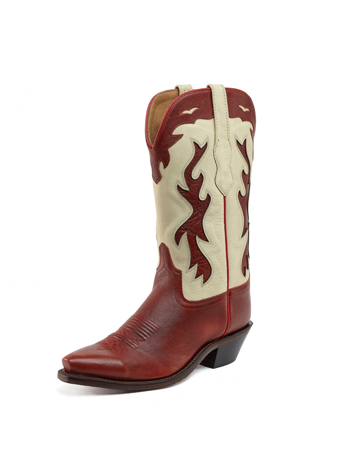Western Embroidery Snip-Toe Mid Calf Cowgirl Boots In Red And Cream