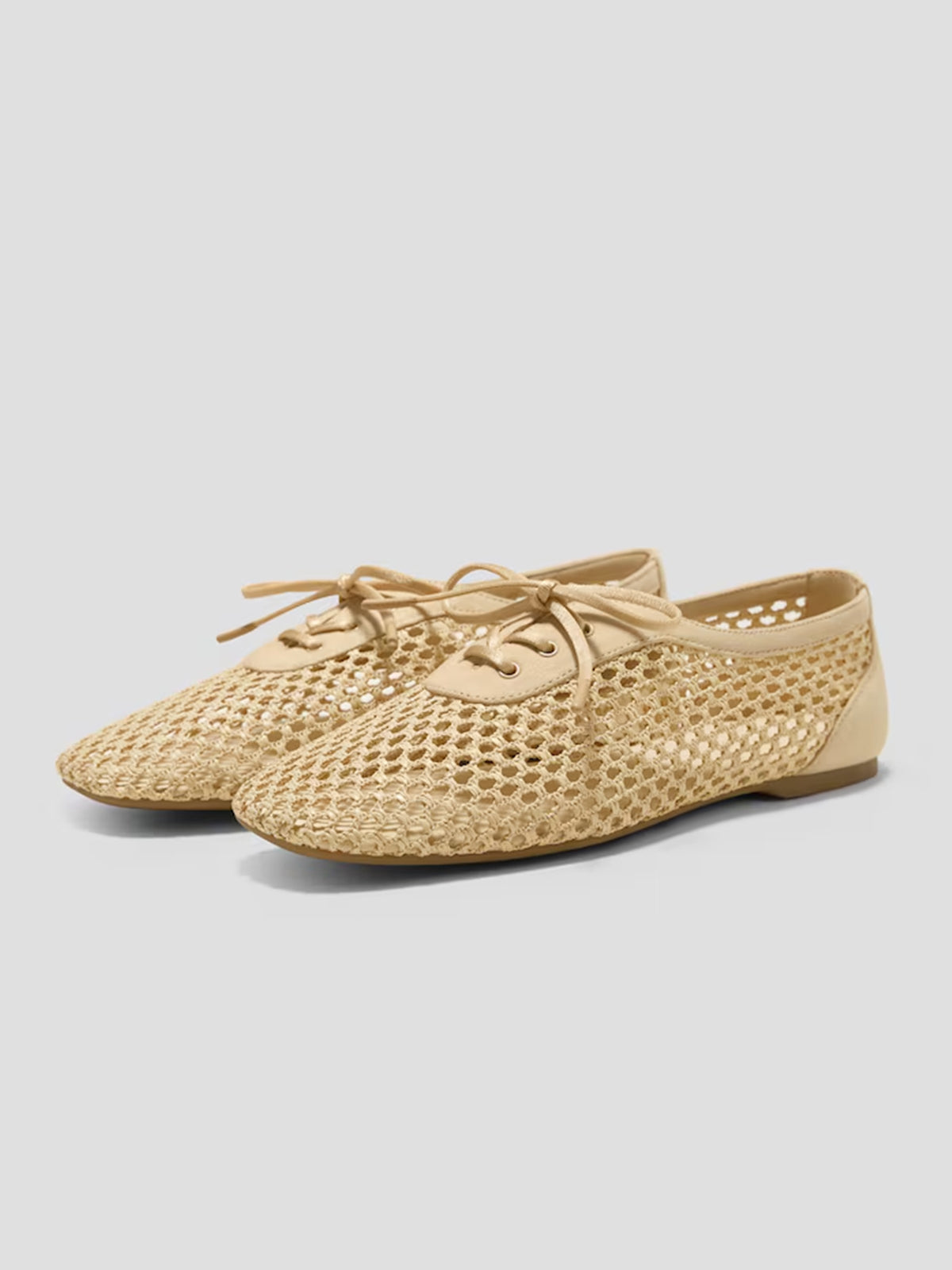 Nude Grass Woven And Faux Suede Square-Toe Lace-Up Chic Flats