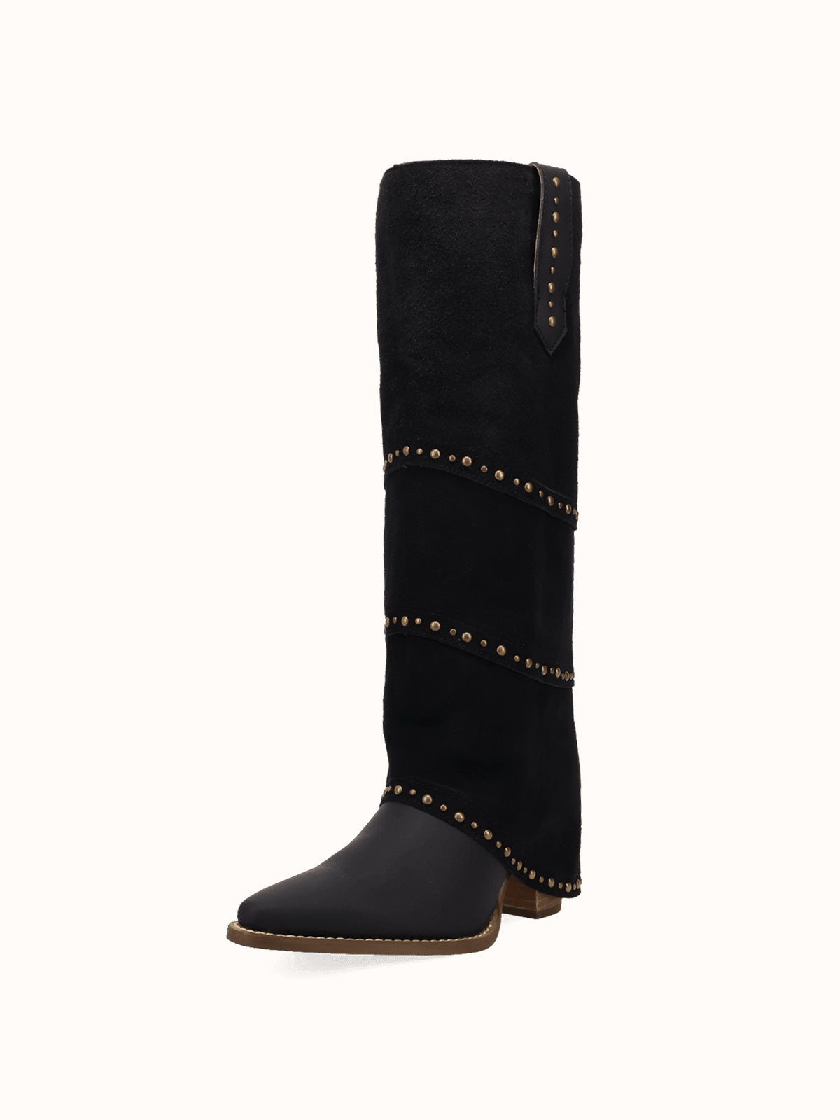 Black Snip-Toe Faux Suede Fold-Over With Studs Wide Calf Knee High Cowgirl Boots