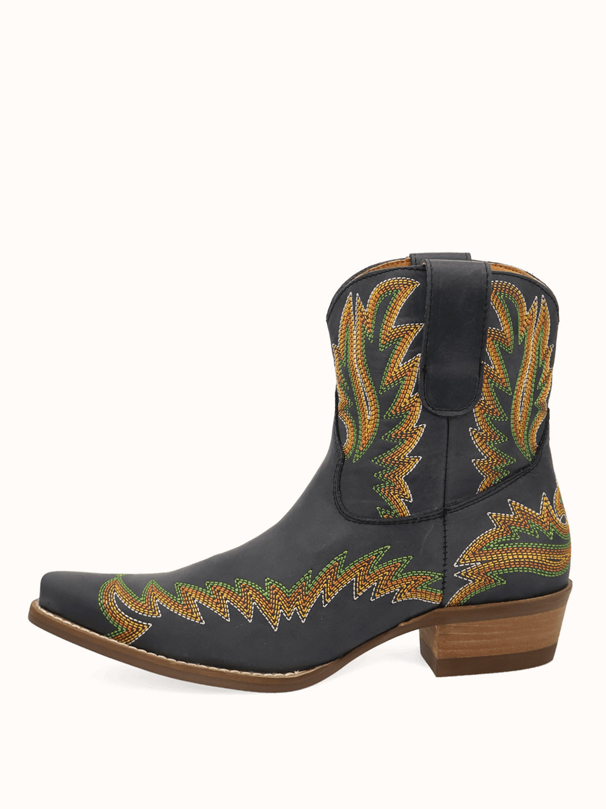 Black Snip-Toe Chic Flame Embroidery Sleek Ankle Cowgirl Boots