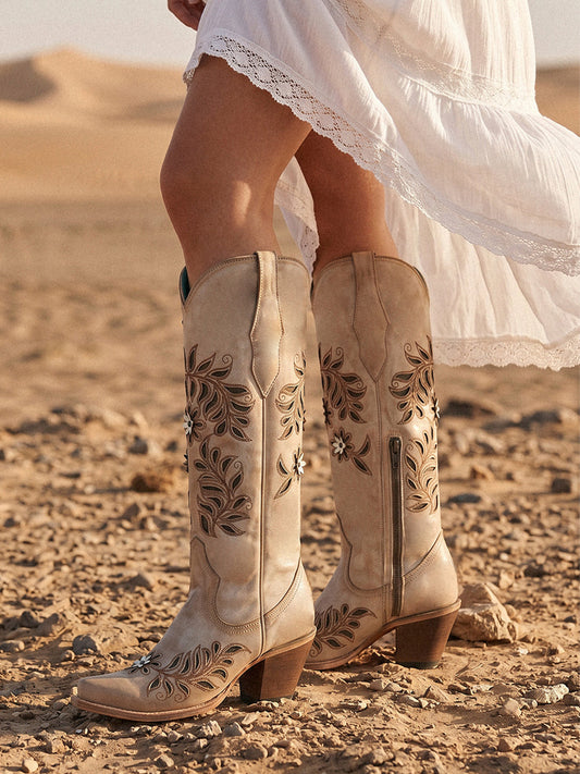 Tan Snip-Toe Leaves Flowers And Bird Inlay Half-Zip Knee High Cowgirl Boots