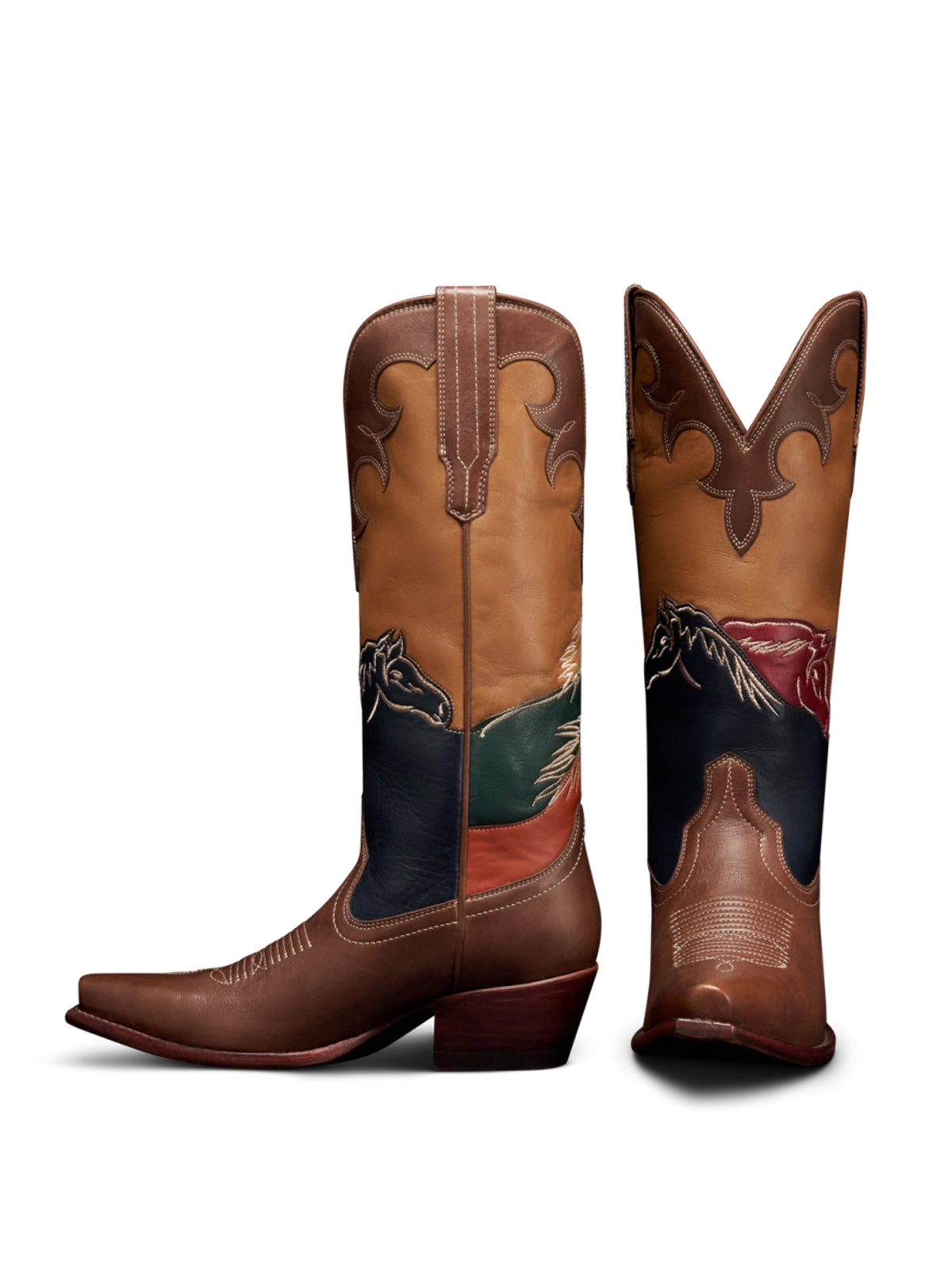 Brown Snip-Toe Horsehead Applique Mid Calf Cowgirl Boots