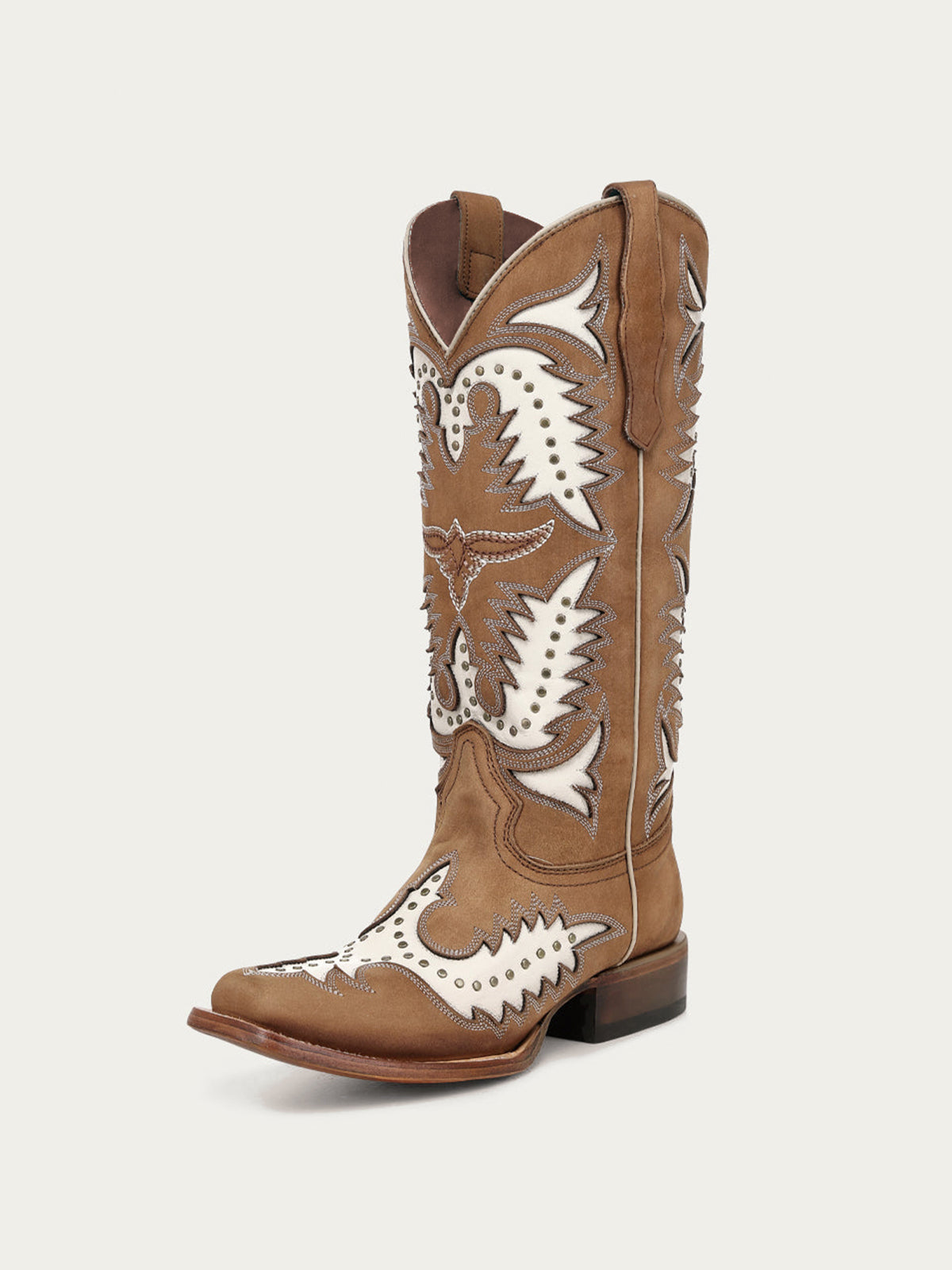 Brown Square-Toe White Inlay And Studs Chic Mid Calf Cowgirl Boots