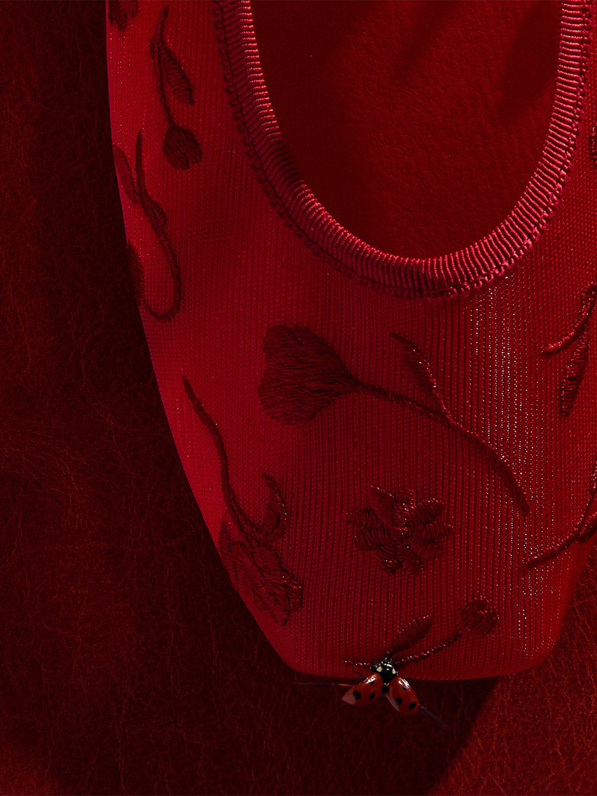 Mesh And Satin Square-Toe Floral Embroidery Mary Jane Flats - Red