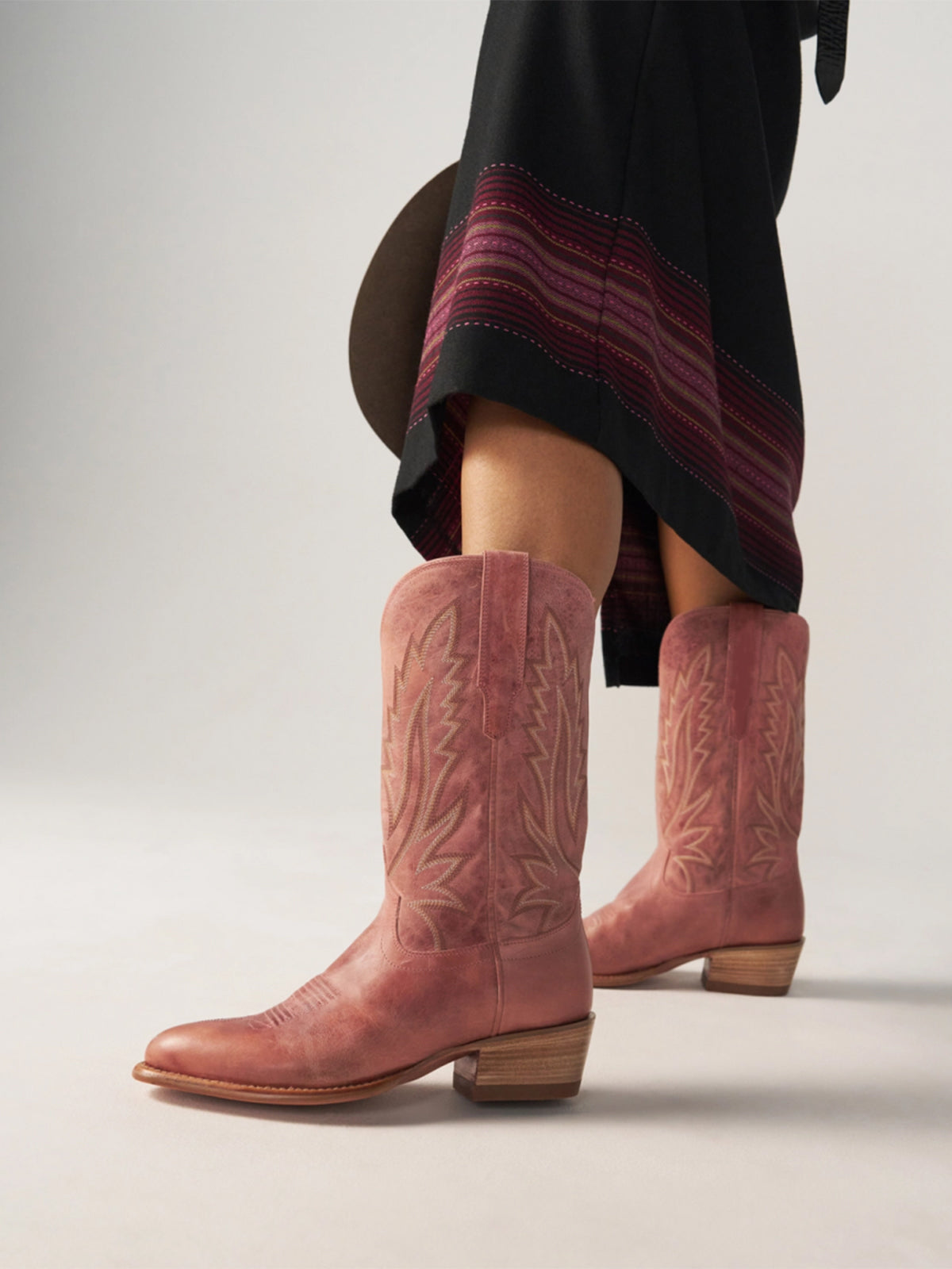 Distressed Pink Almond-Toe Embroidery Mid Calf Cowgirl Boots