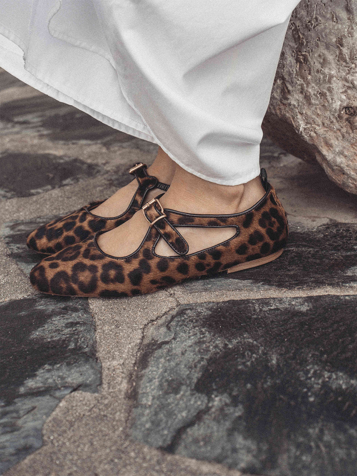 Square-Toe Buckle Strap Chic Flats - Leopard Pony Hair Vegan Leather