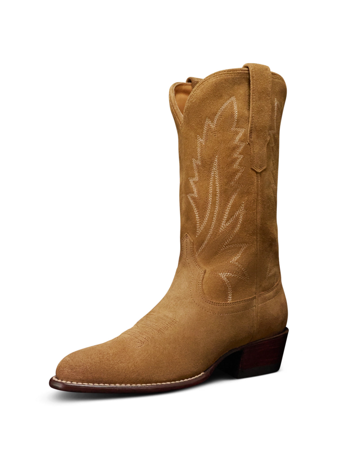 Caramel Faux Suede Almond-Toe Embroidery Mid Calf Cowgirl Boots
