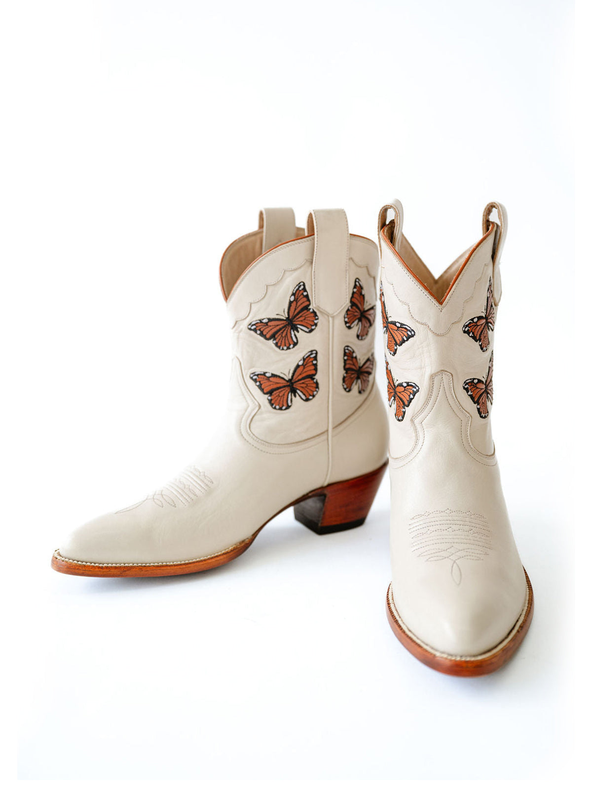 Bone Round-Toe Butterfly Embroidery Ankle Chic Cowgirl Boots