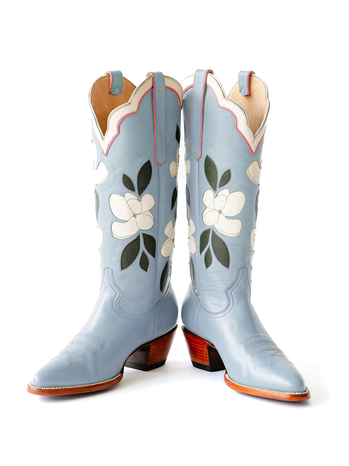 Blue Almond-Toe White Flower Inlay Wide Calf Knee High Cowgirl Boots