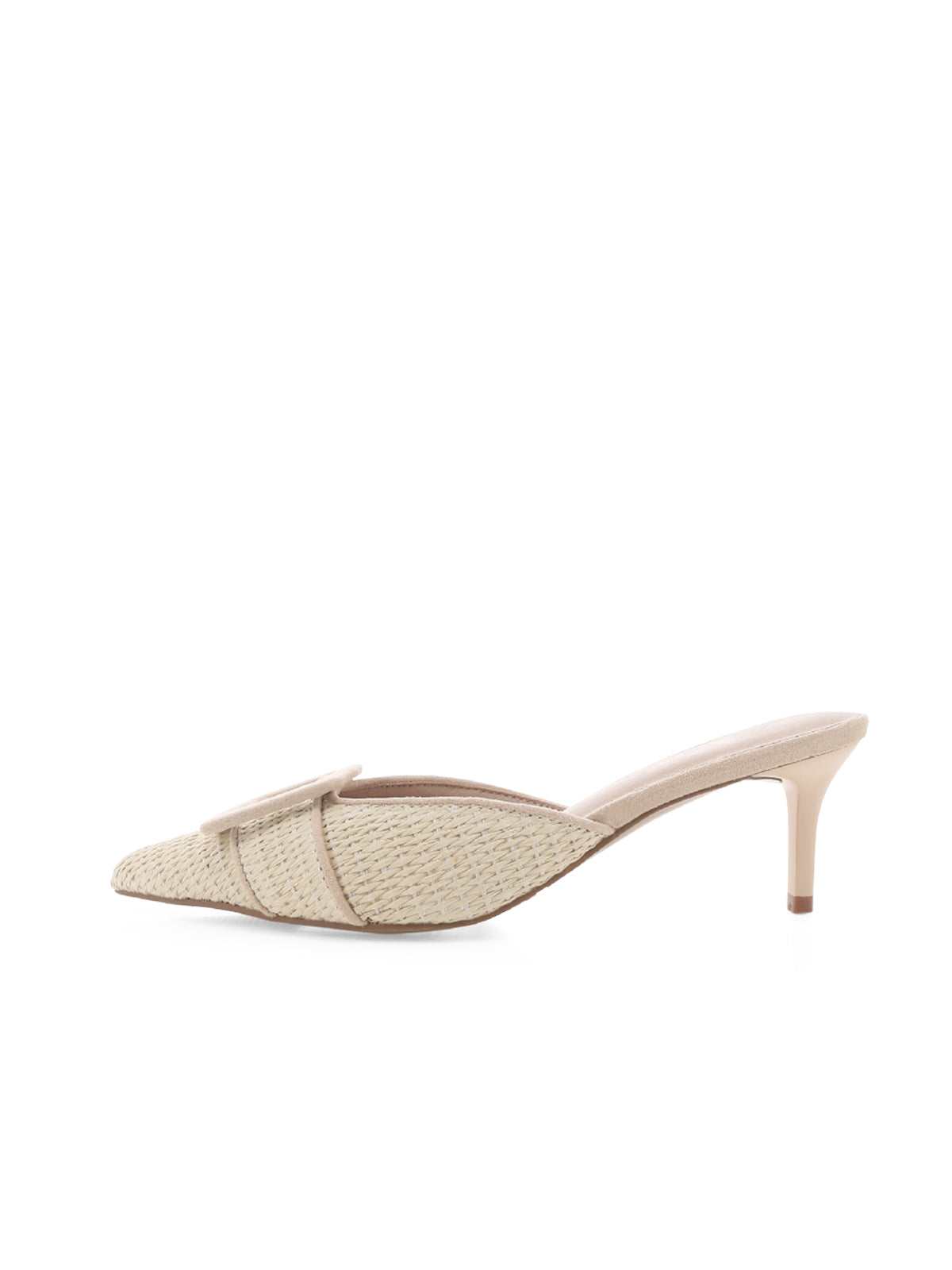 Beige Straw Plaited Pointed-Toe Simple Slip-On Kitten Heels