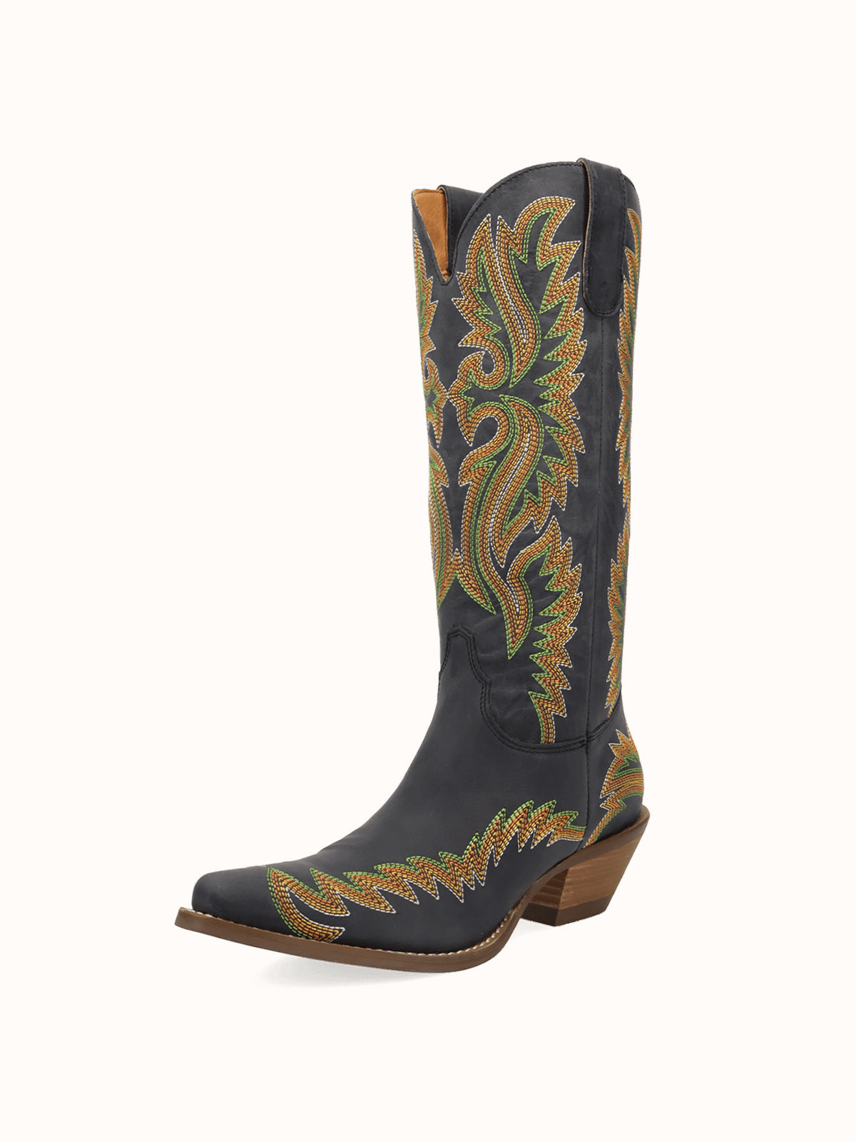Black Snip-Toe Chic Flame Embroidery Sleek Mid Calf Cowgirl Boots