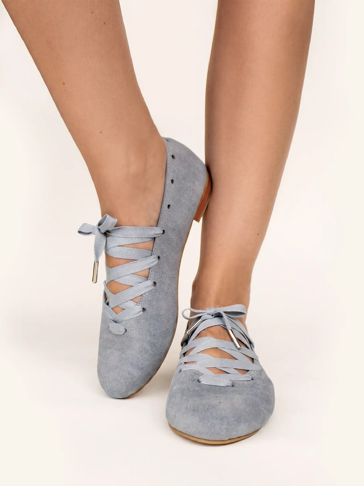 Gray Faux Suede Round-Toe Lace-Up Stylish Ballet Flats