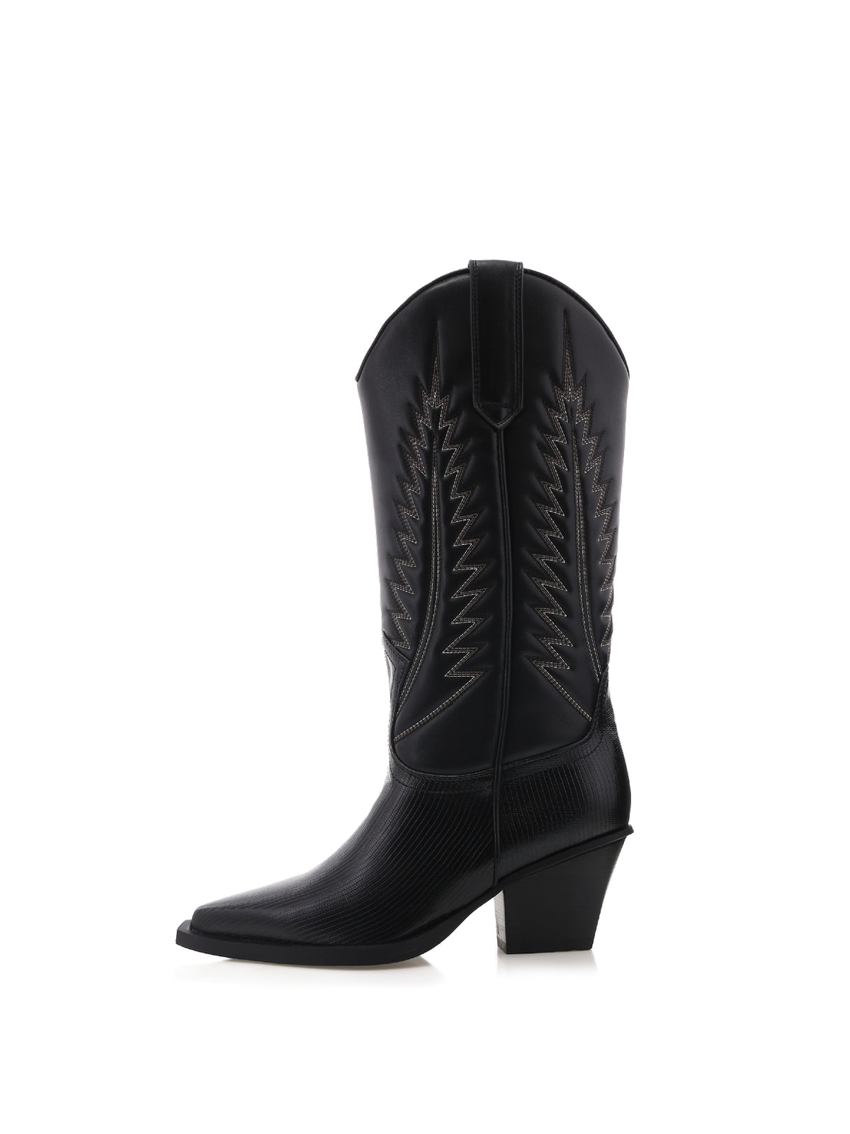 Black Pointed-Toe Embroidery Western Mid Calf Cowgirl Boots