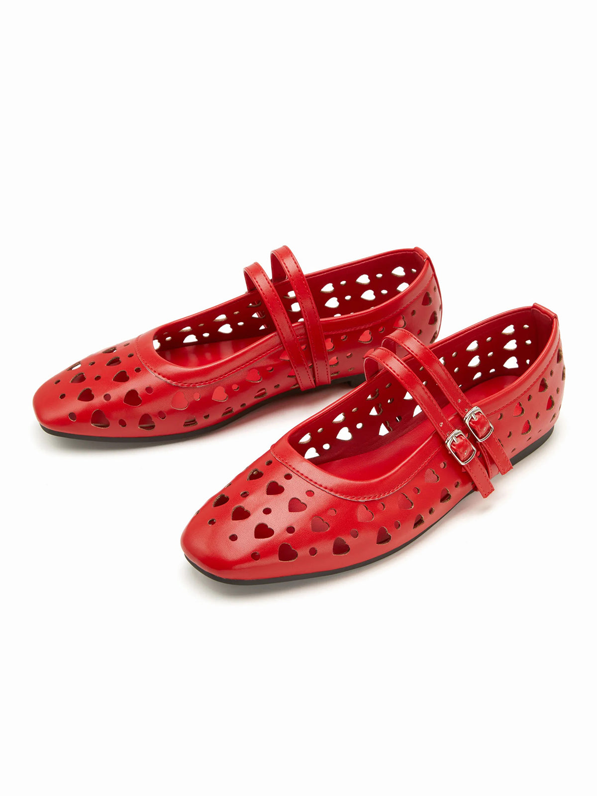 Red Square-Toe Heart Cutout Double Mary Jane Flats