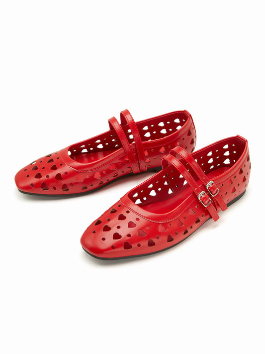 Red Square-Toe Heart Cutout Double Mary Jane Flats