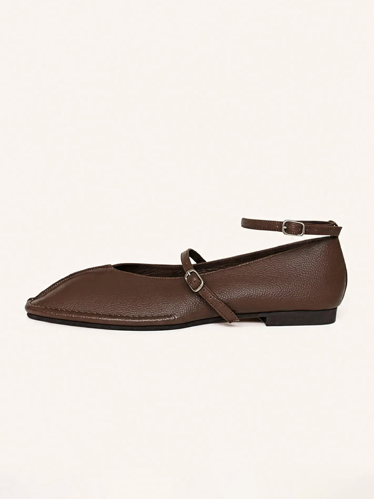 Dark Brown Square-Toe Buckle Middle And Ankle Strap Chic Flats