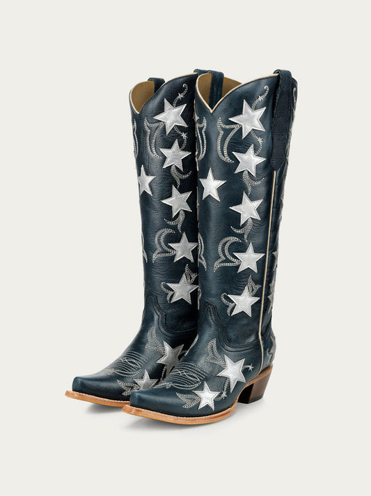 Navy Snip-Toe Chic Star Inlay With Embroidery Wide Calf Knee High Cowgirl Boots