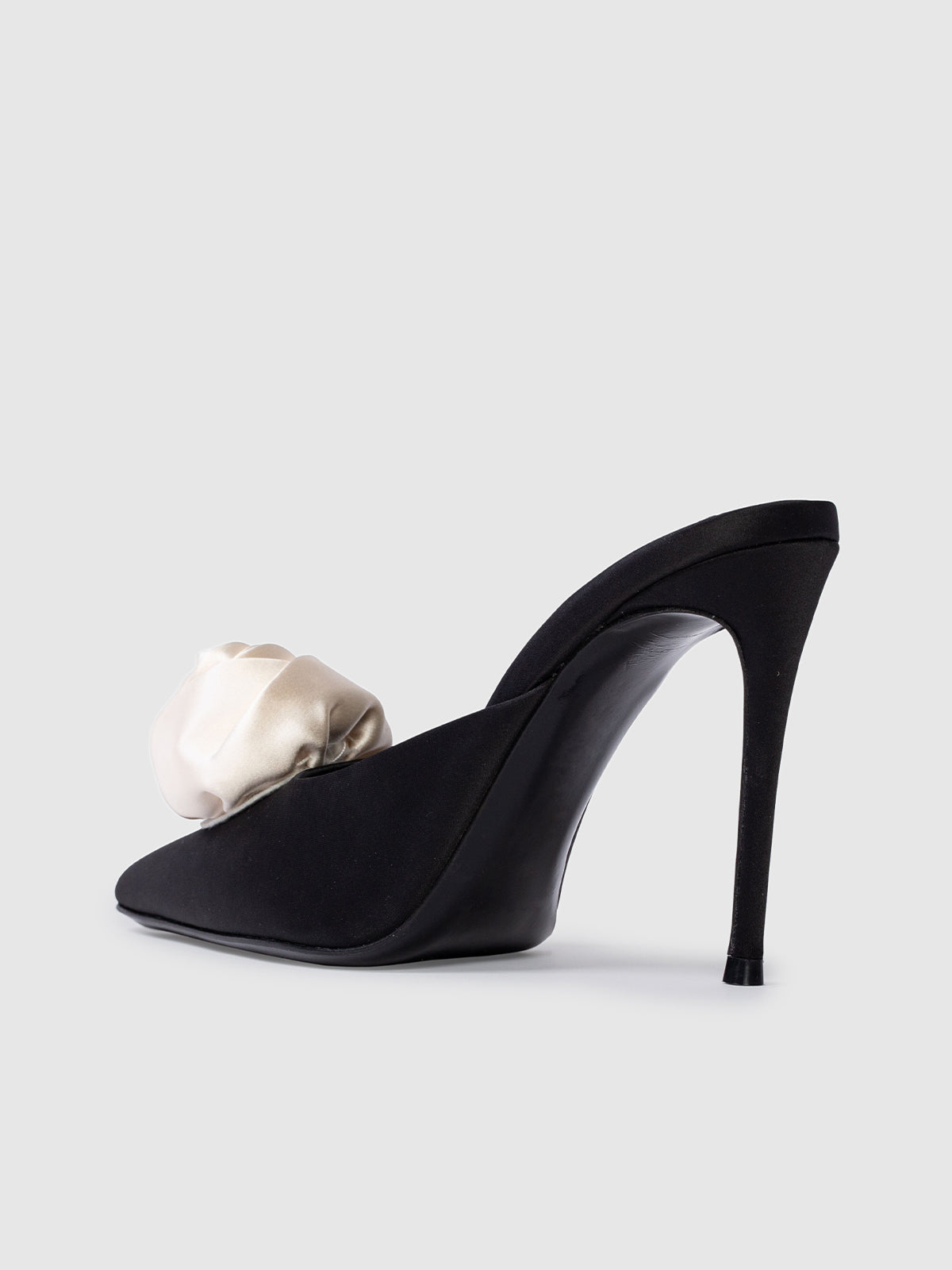 Black Satin Pointed-Toe Front Rose Inlay High Heels