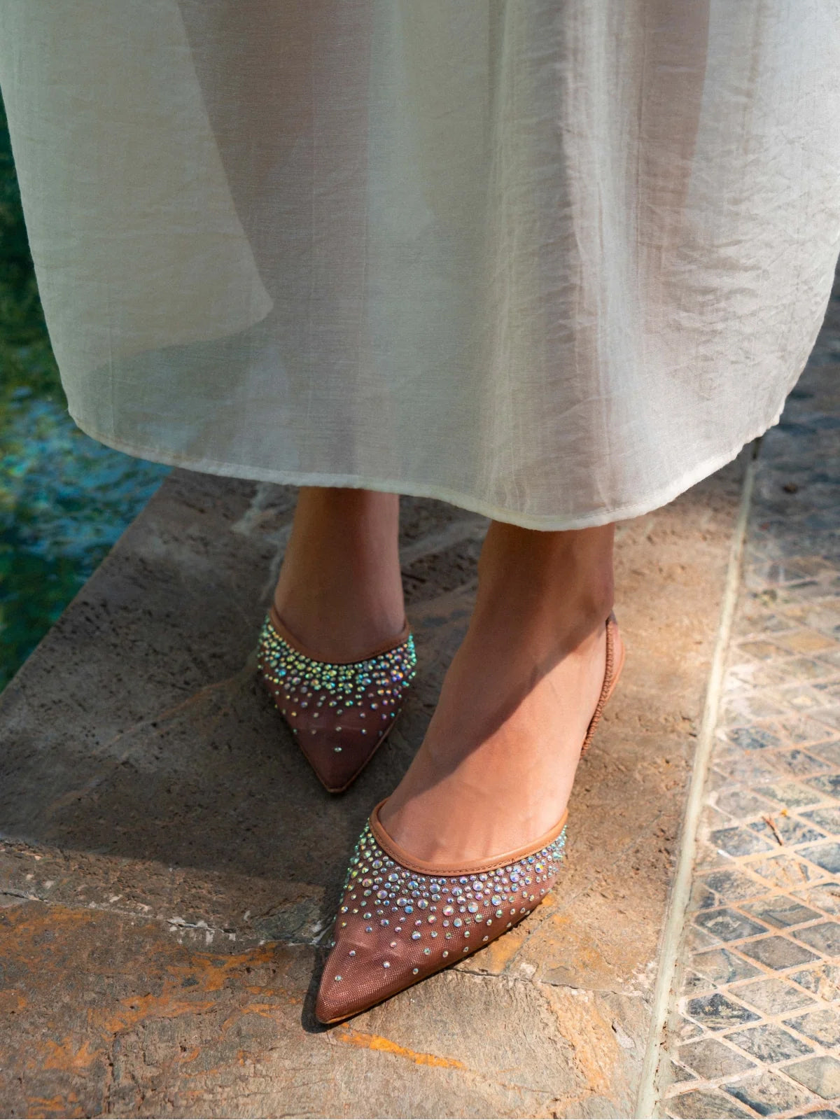 Nude Rhinestone Mesh Pointed-Toe Slingback Kitten Heels