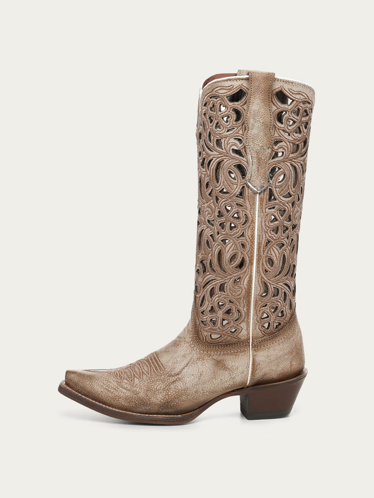 Taupe Snip-Toe Inlay And Floral Embroidery Chic Mid Calf Cowgirl Boots